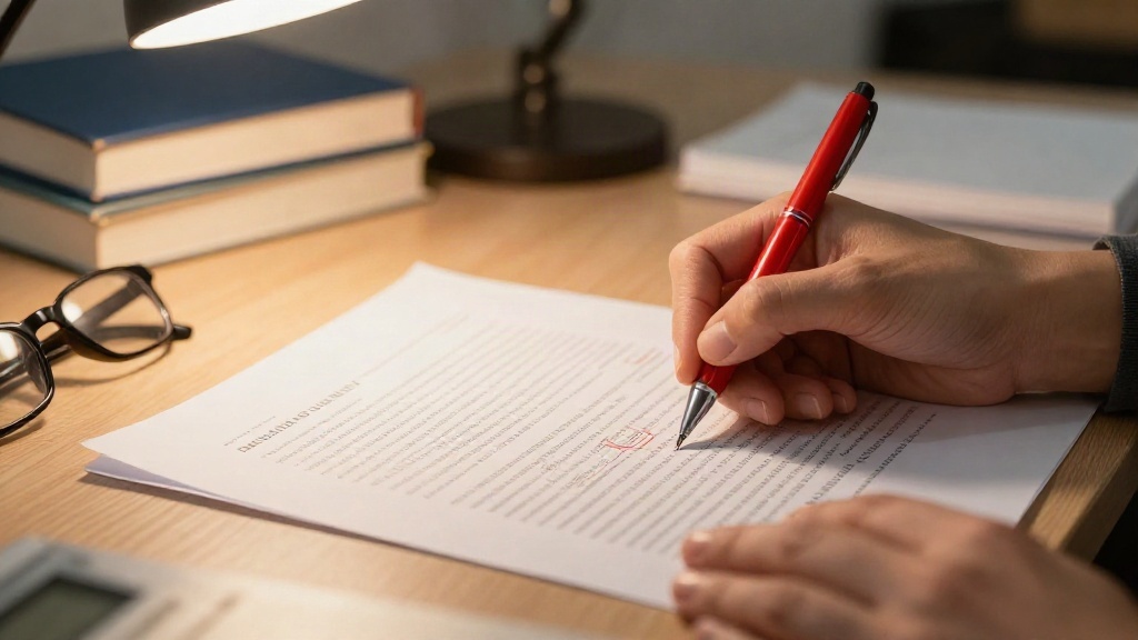 Hands editing an academic essay with red pen annotations