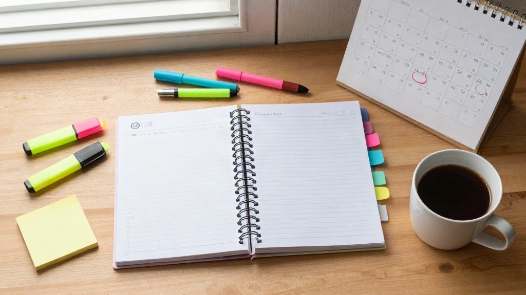 Study planner desk with highlighters and calendar