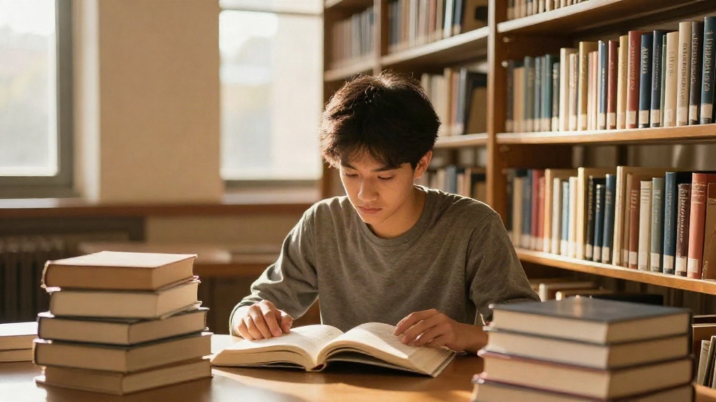 Student reading academic books in library surrounded by bookshelves